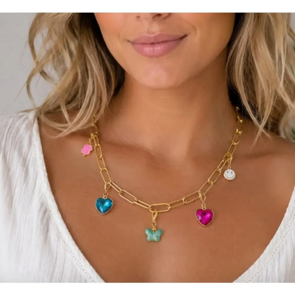 Gold Stainless Steel Paperclip  Charm Colorful Necklace New